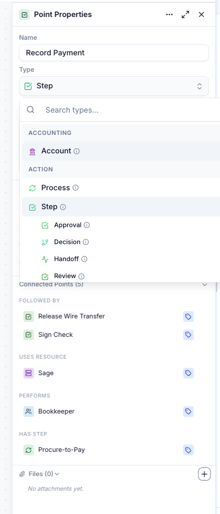Point Properties for Record Payment with the type dropdown open, showing Account, Process, Step, Approval, Decision, Handoff, Review and connected points